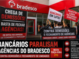 Bancários paralisam agências do Bradesco nesta terça-feira (11) contra demissões e fechamento de unidades