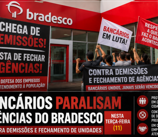 Bancários paralisam agências do Bradesco nesta terça-feira (11) contra demissões e fechamento de unidades